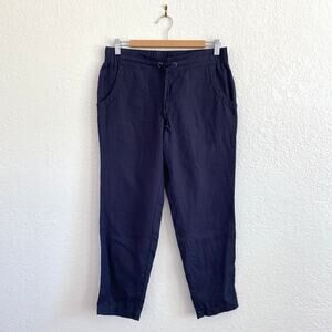Athleta 100% Linen Drawstring Pant Relaxed Fit Cropped Tapered Leg Navy Blue 4